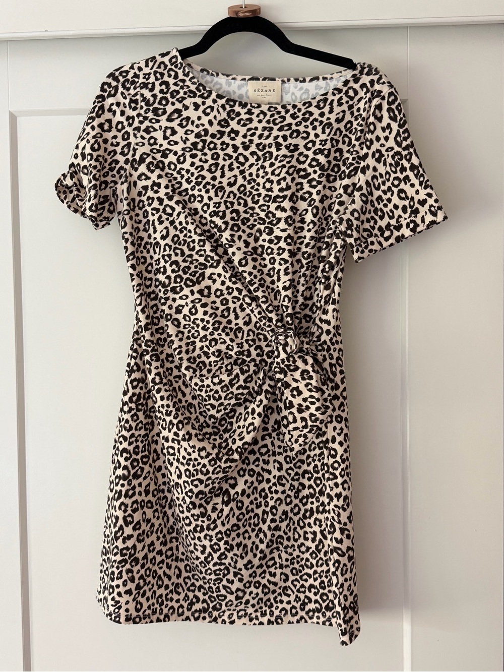 Sezane Beige and Black Leopard-Print Knot-Front Mini Dress